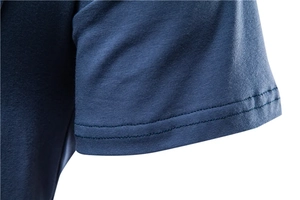 Close-up of double-stitched cuff detail on dark blue cotton t-shirt with knit texture