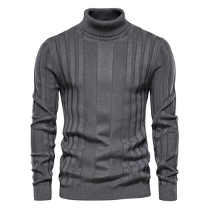 Detailed view of dark grey men's turtleneck sweater with vertical stripe knit texture
