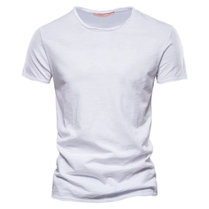 Close-up of white crew neck T-shirt featuring textured slub cotton fabric detail