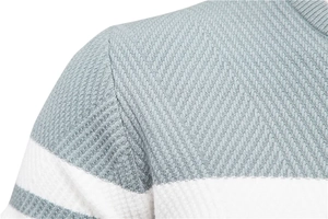 Detail of grey-green and white striped men's knit sweater showing fine twill texture
