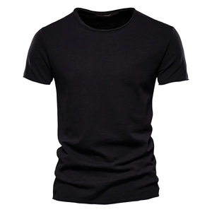 Detailed macro view of black V-neck cotton T-shirt fabric texture and stitching quality