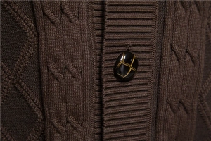 Detailed macro view of dark brown knitted cardigan texture and decorative button