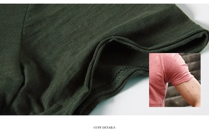 Detail of t-shirt cuff stitching and textured slub cotton fabric in dark green and pink