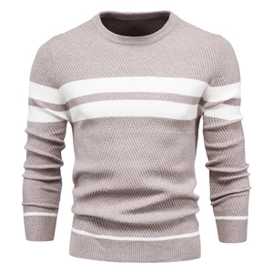 Detail of men's crewneck striped knit sweater in pink and white with ribbed cuffs