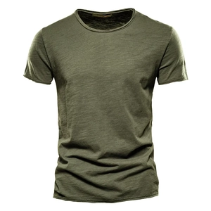 Close-up of olive green t-shirt showing premium slub cotton texture and neckline