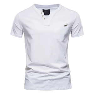Close-up of white cotton Henley T-shirt featuring V-neck buttons and a chest pocket