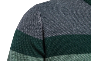 Detailed close-up showing the striped knit fabric texture and seam work of this men's sweater