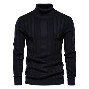 Close-up of black men's turtleneck sweater showing vertical ribbed knit texture details