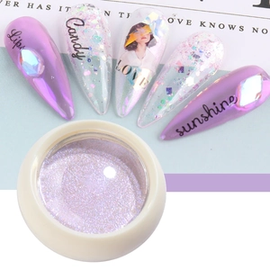 Detailed close-up of light purple aurora nail powder jar with five sample nail tips