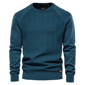 Detail of teal knit sweater featuring herringbone texture and round neck design