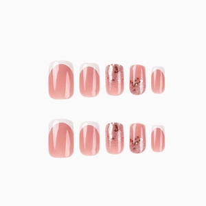 French tip pink glitter press-on nails set with square oval shape on white background