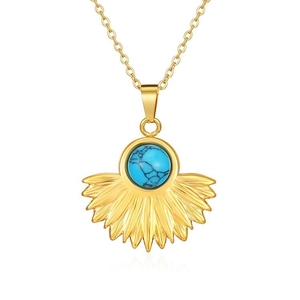 Detail of 18k gold fan-shaped pendant with a round turquoise on a fine chain necklace