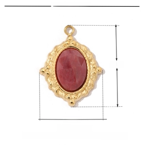 Detailed view of gold flower heart pendant with red oval stone and dimension parameters