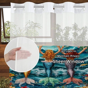 Sheer bathroom curtain with mermaid print and metal rings for privacy and light