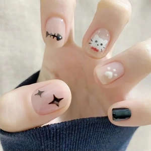 Press On Nails Short Square Artificial False Nail Tips Cartoon Cat Fishbone Star Pattern Glossy For Women DIY Manicure