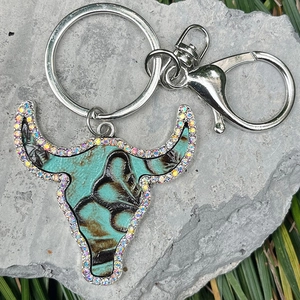 Western bull skull leather keychain with turquoise floral pattern and colorful rhinestones