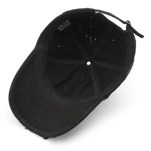 Retro washed cotton black baseball cap with distressed brim and adjustable metal buckle