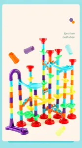Detailed view of colorful 142PC marble run blocks with slide tracks and sturdy base
