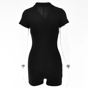 Back view of a black short-sleeved romper featuring a polo collar and slim fit tailoring