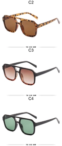 Side view details of retro square aviator sunglasses in tortoise, black, and green lens
