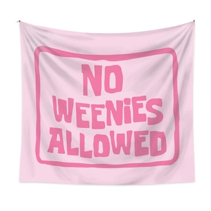 Pink Bohemian wall tapestry featuring bold No Weenies Allowed text for room decor
