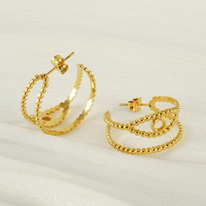 Boucles d'oreilles en acier inoxydable doré 18K avec texture lisse et perlée à couches