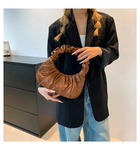 Detail showing a brown pleated dumpling bag held by a model in a modern indoor setting