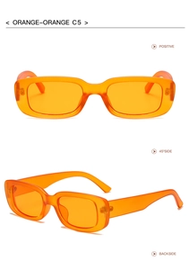 Detail view of translucent orange rectangle sunglasses from multiple angles and positions