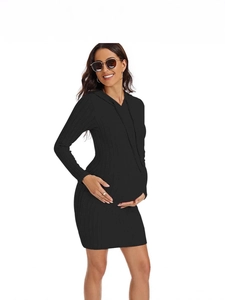 Elegant black long sleeve hooded knit maternity dress with ribbed texture on white background