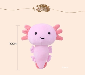 Pink Axolotl plush toy with soft texture and 30cm size dimensions on a beige background