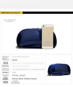 Size comparison and specifications chart for the dark blue patent leather clutch bag