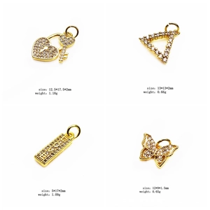 Zirconia charms set showing butterfly and heart shapes with weight and size details