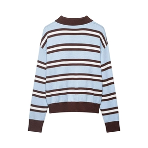 Back view of striped knit polo shirt in light blue, dark brown, and white horizontal bands