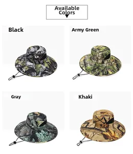 Four camouflage sun hats in black, army green, grey, and khaki with adjustable drawstrings