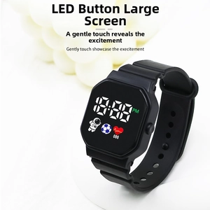 Detail view of square LED digital watch featuring astronaut icons and black silicone strap