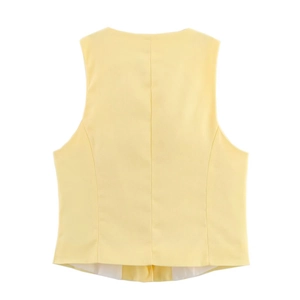 Back view of a yellow slim fit vest with detailed vertical seams and professional stitching