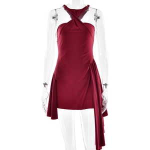 Detail of burgundy backless halter mini dress with front twist knot and side sash
