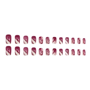 Deep burgundy and white marble pattern press-on nails with stylish geometric gold lines