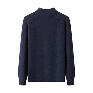 Detail view of the back of a dark blue ribbed knit sweater for men with a lapel collar