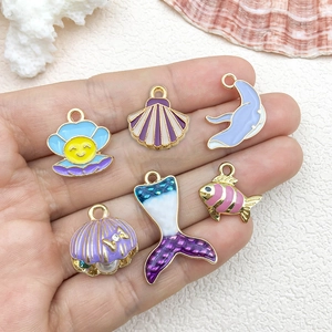 Purple DIY ocean series shell and starfish alloy charms with rhinestones 6pcs set