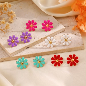 Set of 5 colorful enamel flower stud earrings in red, purple, white, pink and teal colors