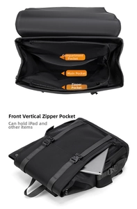 Internal view of black waterproof backpack featuring multi-layer compartments for iPad storage