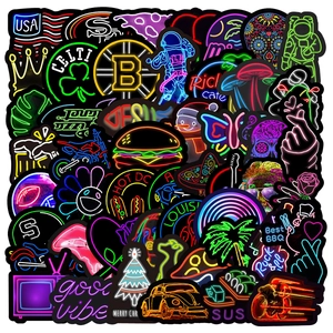 Variety of neon style graffiti stickers with colorful astronaut and burger designs