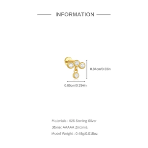 Detailed size chart of the gold flower cartilage stud with green zirconia and silver