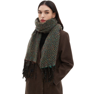 Women's multi-color knit scarf with fringe tassels shown on a model against white background