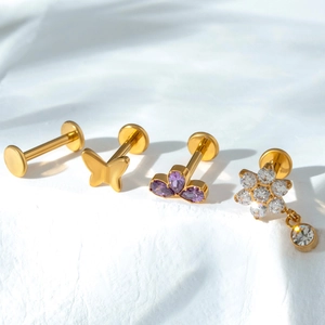 Titanium gold earrings set with butterfly and zircon flower labret piercing jewelry