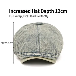 Vintage light blue washed denim beret cap with 12cm depth and stitch texture detail