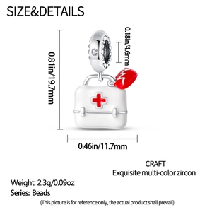 Detailed view of S925 silver medical kit charm with red heart and white enamel finish
