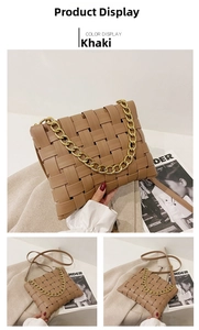 Detail of khaki woven crossbody bag with chunky gold chain handle and leather strap