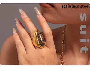 Detail of tear-drop wood-grain stone ring with wide 18K gold-plated stainless steel band